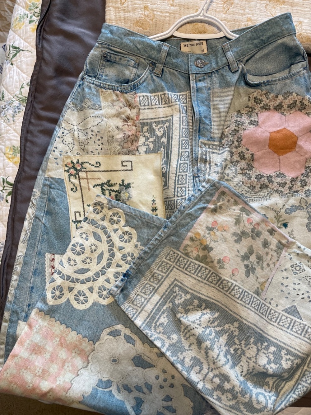 Free People Patchwork High-Rise Wide-Leg Jeans in Light Blue, Cream, Pink - Picture 10 of 10